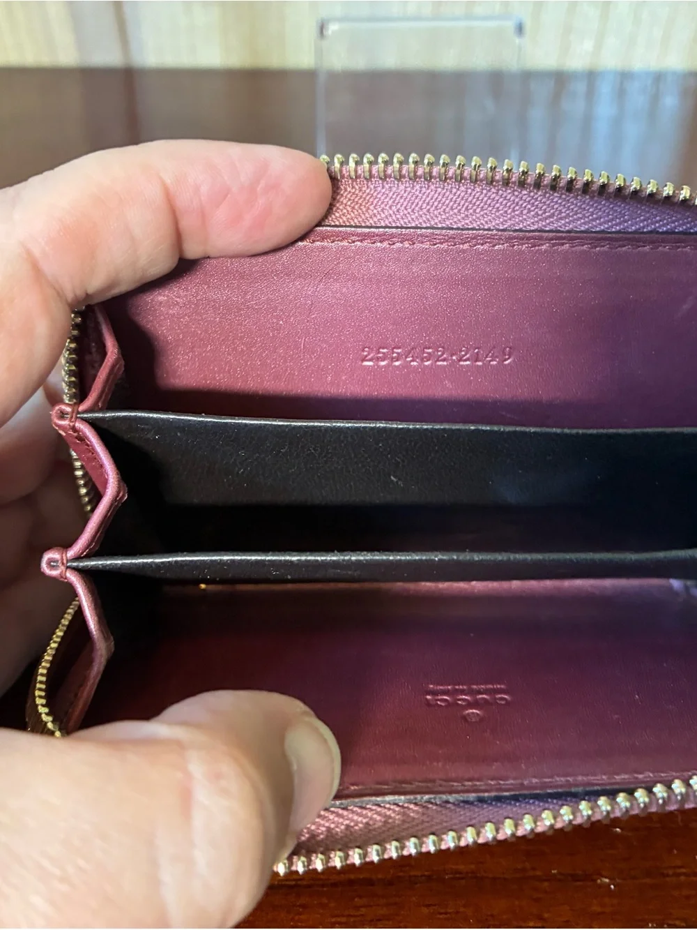Gucci Plum GG Embossed Leather Zip Wallet with Gold Hardware